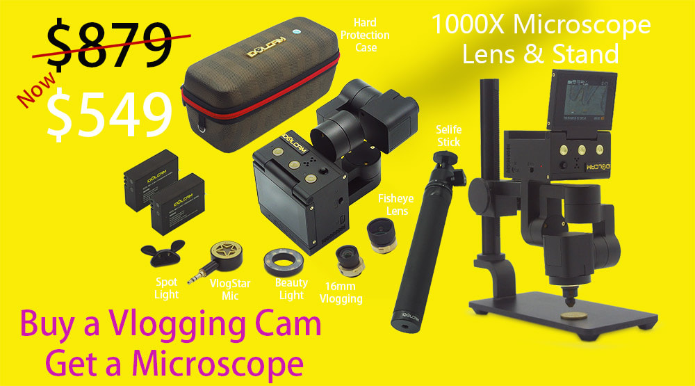 IDOLCAM VIP package is the ultimate vlogging kit for under $500.  Now you also get a 1000X digital microscope kit when you buy IDOLCAM VIP.  You get our vlogstar External mic, beauty light, spotlight, 1000X digital microscope, fisheye lens, 16mm rectilinear lens, selfie stick and more